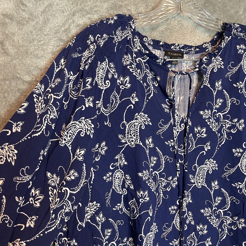 Talbots Women Paisley Print Tie Neck Flowy Blouse XL Boho Breezy Fluid Navy Blue